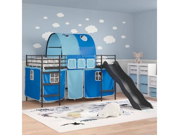 KTHLBRH Bett Loft für Kinder, Schwarz und Blau, 80 x 200 cm Bogendesign mit Vorhängen, Einzelbett mit Spielbereich, robuste Struktur für Zimmer