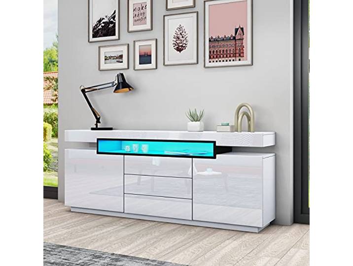 Weiß Sideboard Schrank Matt Body & Hochglanz TV Lowboard LED Beleuchtung Kommode mit 2 Türen 3 Schubladen, 160cm, 16 wechselnden Farben und 4 Modi, für Wohnzimmer Esszimmer