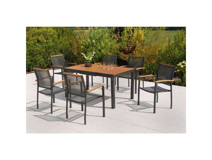 Gardenson Gartentischgruppe Itanos, Naturfarben, Graphitfarben, Metall, Kunststoff, rechteckig, eckig, Gartenmöbel, Gartengarnituren, Gartenmöbel-Sets