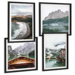 BILDER SET 4er Set - 50x50 cm & 40x60 cm Schwarzer Rahmen - Holzhausboot an Bergstränden