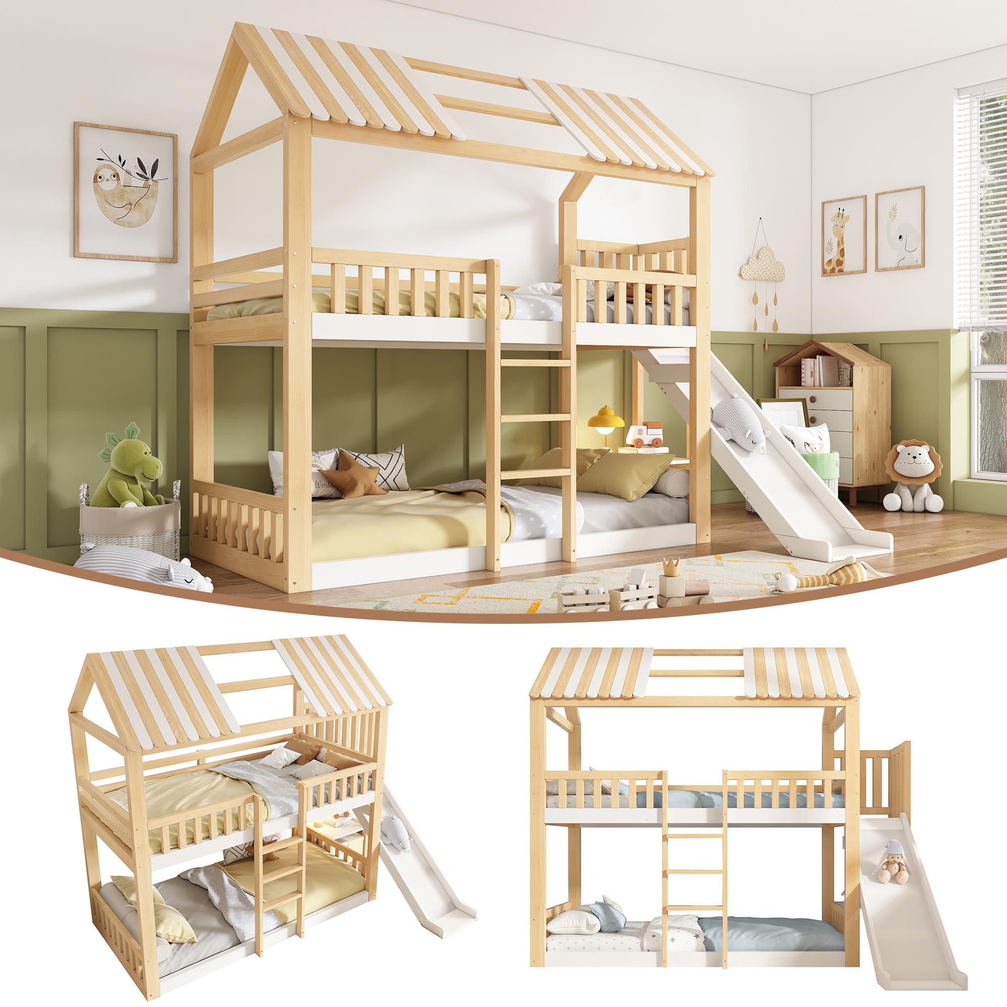 Etagenbett Kinder 90x200 Weiß Natur aus Kiefernholz, MDF, Sperrholz mit Giebeldach, Regal und 35 cm Rutsche für Kinderzimmer