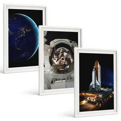 BILDER SET 3er Set - 40x60 cm Weißer Rahmen - Weltraum Erde Astronaut Rakete