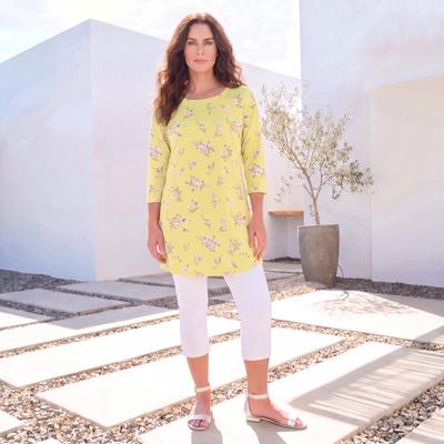 Plus Size Women's Plus Size Cotton Ultimate Boatneck Tunic with Side Slits by Roaman's in Banana Wild Flowers (Size 12) Long Shirt