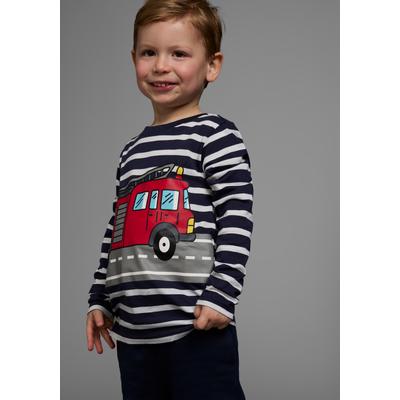 Langarmshirt KIDSWORLD "TATÜ TATA die Feuerwehr ist da", Jungen, Gr. 128/134, blau (marine, weiß, geringelt), Single Jersey, Obermaterial: 50% Baumwolle, 50% Modal, bedruckt, gestreift, Basic, Rundhals, Shirts Langarmshirt, langärmlig,...