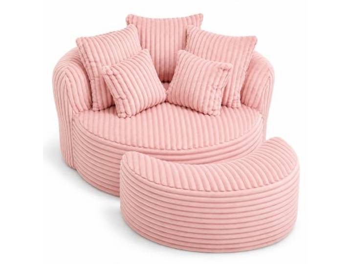 Anwick Großes Rundes Sitzbrett Sofabett ohne Beine mit Fußstuhl (Rosa) Weicher Kordelstoff, Für Wohnzimmer, Innenraum-Lesebank, Für Spielzimmer, Großformatig