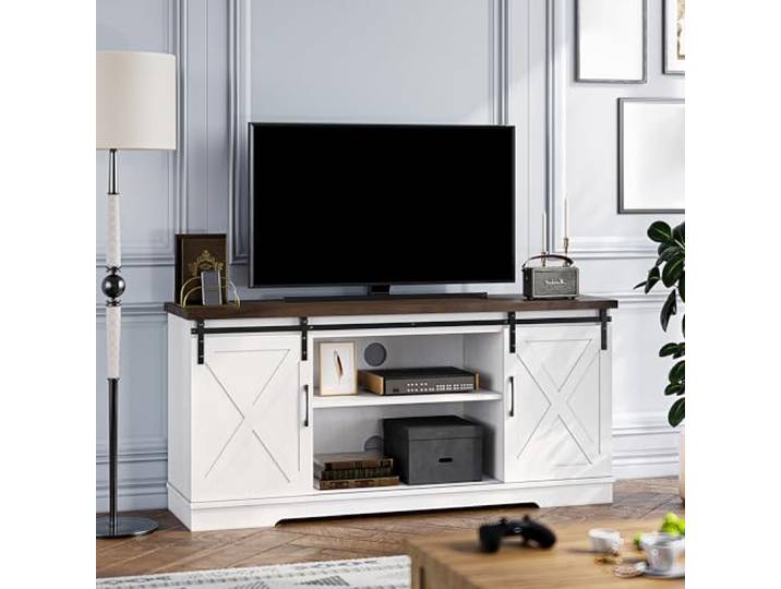 Garvee TV Lowboard mit Schiebetüren, Landhausstil Fernsehtisch 150cm, TV-Schrank Weiß & Vintage-Braun (Kontrast) für Fernseher bis 65 Zoll, TV-Board mit verstellbarem Regal