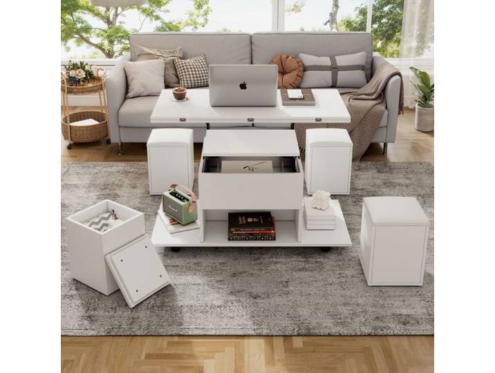 Table basse - WESTYLE - 2-en-1 multifonction - Plateau relevable - 2 plateaux extensibles - Rangements