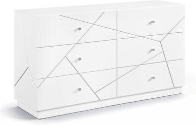 Benjara Oly Wide Dresser, 6 Drawers, Geometric Design, Chrome Knobs, Glossy White