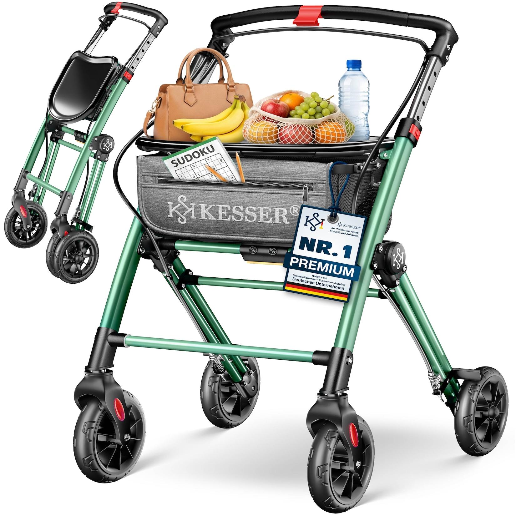 KESSER® Rollator, leicht klappbar, schmal für Wohnung aus Aluminium, 100kg mit höhenverstellbaren Griffen, Einhand-Faltmechanismus, 360° Rädern, Feststellbremse, abnehmbarem Tablett & Netzkorb, Indoor