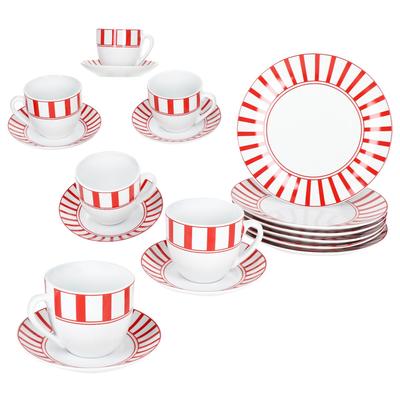 18tlg Kaffeeservice Split rot Porzellan 6 Pers. Tasse Untertasse Teller Streifen