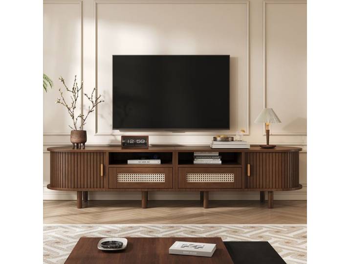 Meuble TV Ovale 170 cm Console TV Lowboard avec 2 Tiroirs en Rotin et 2 Portes Coulissantes - Jusqu'à 70 Pouces - Couleur Noyer