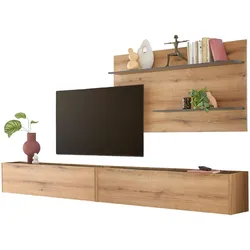 WOHNWAND Evoke Eiche, grau 3-teilig 300 cm hängend, Set inklusive Beleuchtung