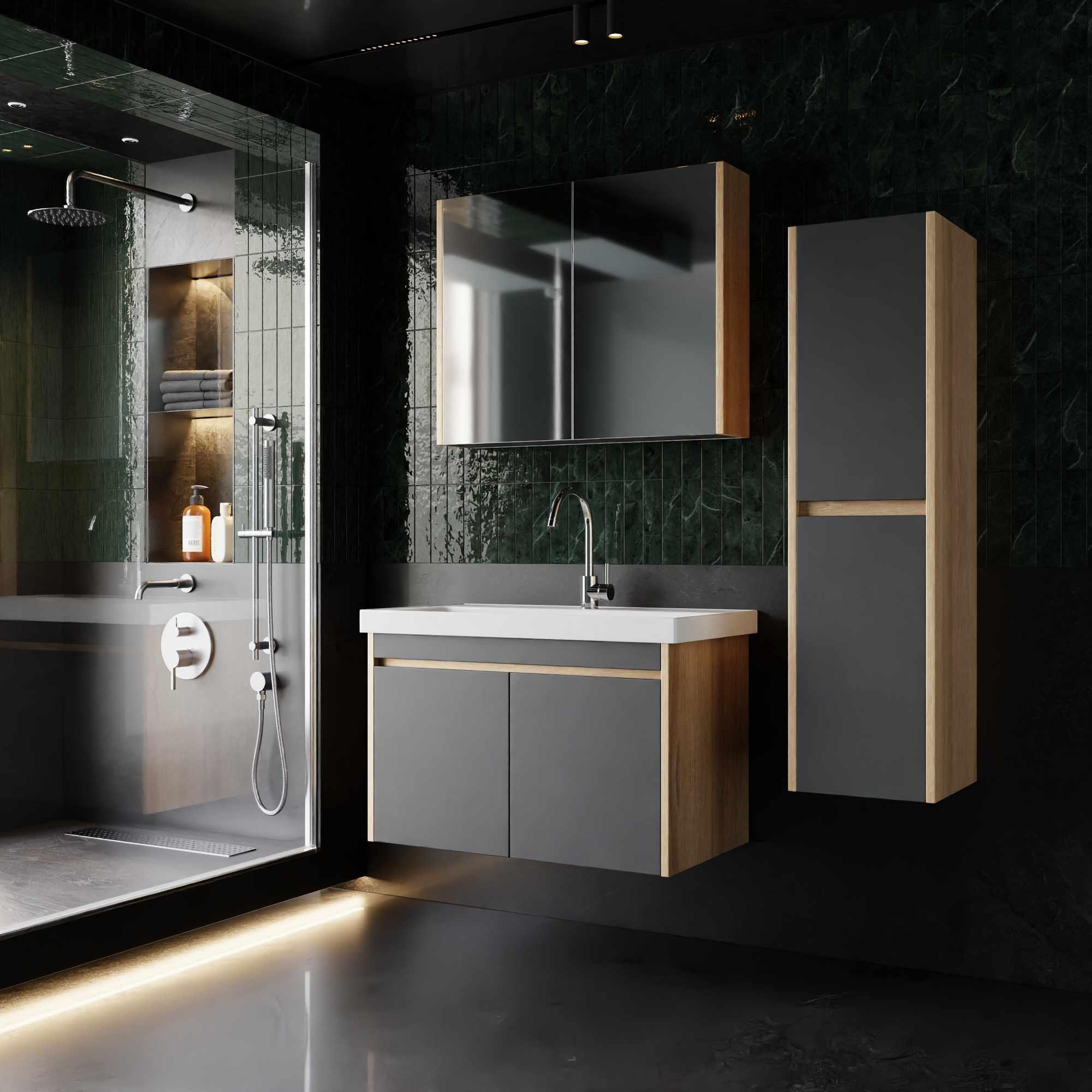 Skye Decor, Badezimmermöbelset (3 Teile) mit Waschbecken & Spiegel, 100% Melamin, Sonomo/Anthrazit