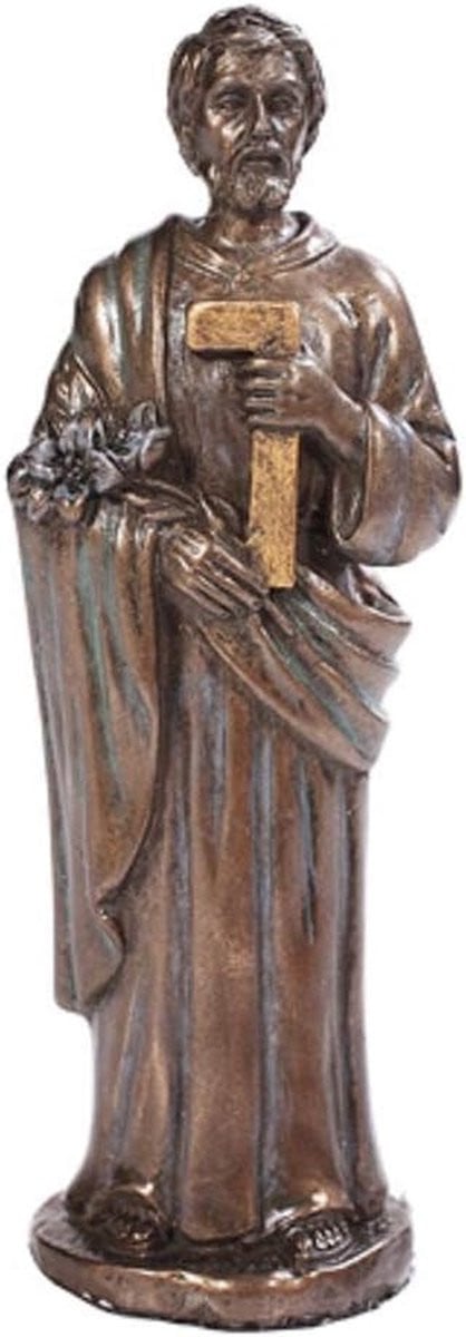 Religieus beeld Sint Jozef met gebedskaart in bronskleur voor huisdecoratie