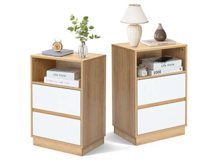 Table de Chevet Lot de 2 - ALIGHTUP - Table d'Appoint avec 2 Tiroirs et Compartiment Ouvert chêne et Blanc