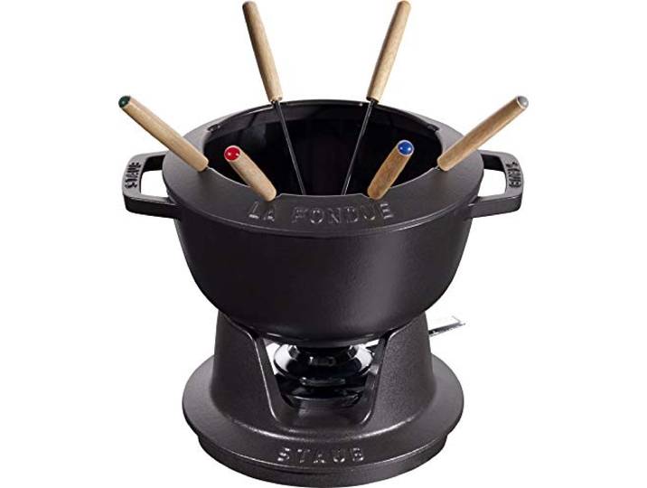 STAUB Fondue Set mit 6 Gabeln, Gusseisen, 20 cm, 2,3 l, Für Käse- Schoko- und Fleisch-Fondue, Made in France, Schwarz
