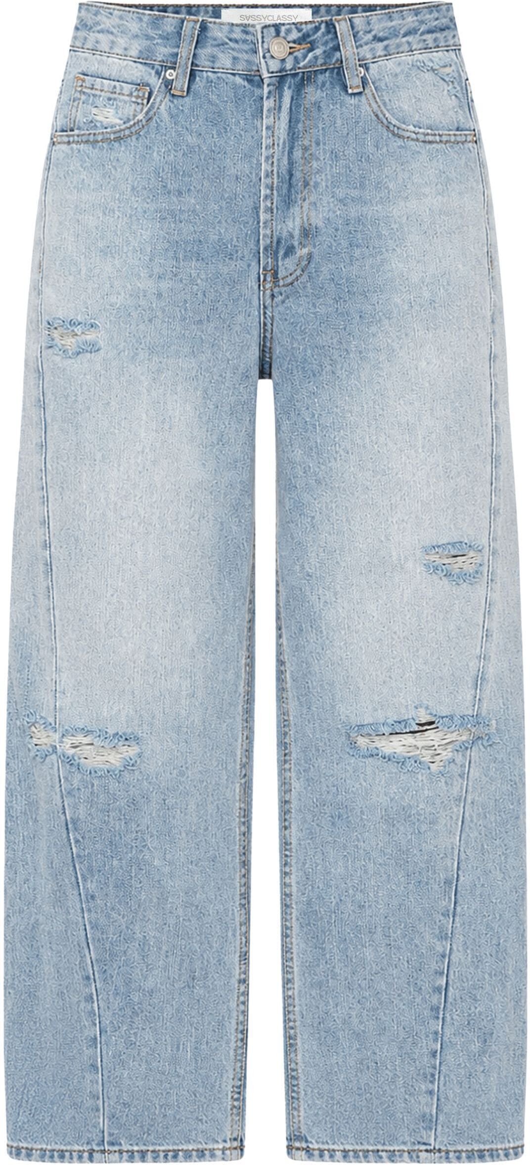 Destroyed-Jeans SASSYCLASSY "High Waist Jeans im Destroyed-Look", Damen, Gr. 36, blau, Weitere Stoffart, , figurumspielend knöchellang, Jeans Destroyed-Jeans, Moderne lockere Jeanshose mit sichtbaren Rissen in Blau