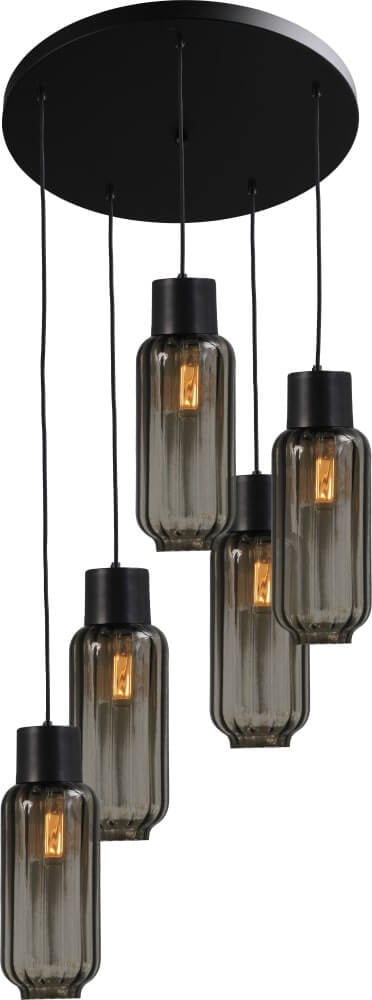 Masterlight Design Hanglamp Lett II 5-lichts met Smoke Glas en Zwart Metaal