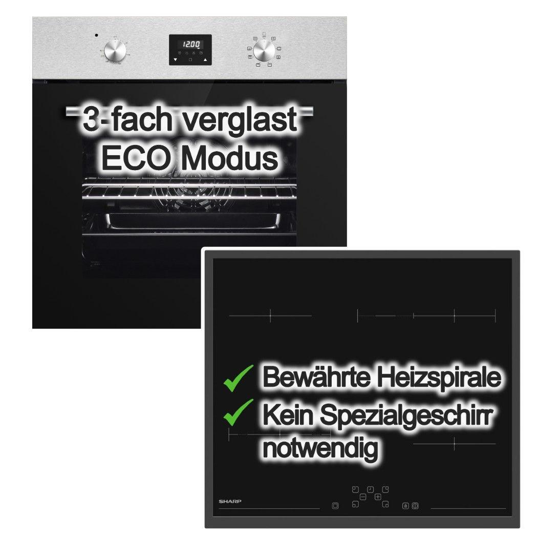 Herdset PKM Backofen Umluft ECO+ Sharp Elektrokochfeld Bräterzone Zweikreis Touch