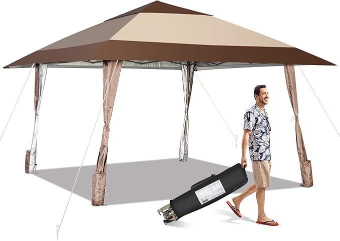 3 x 3m Pavillon, Wasserdichter & sonnengeschützter Gartenpavillon, Doppeldach-Gartenzelt mit Zwei Rollen & Windseil & Erdnägeln, für Party Grillfest Picknick Hochzeit Camping, braun