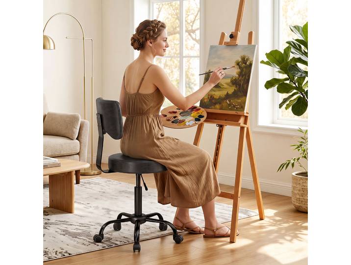 HOMCOM Tabouret Roulant Réglable Cuir PU Noir avec Dossier