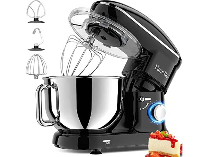 Planetaria-Knetmaschine, Facelle 2000W, 6,2 Liter, Küchenmaschine mit Schüssel aus Edelstahl, Schneebesen, Knethaken, Schneebesen für Süßigkeiten, Spülmaschinenfest (schwarz)