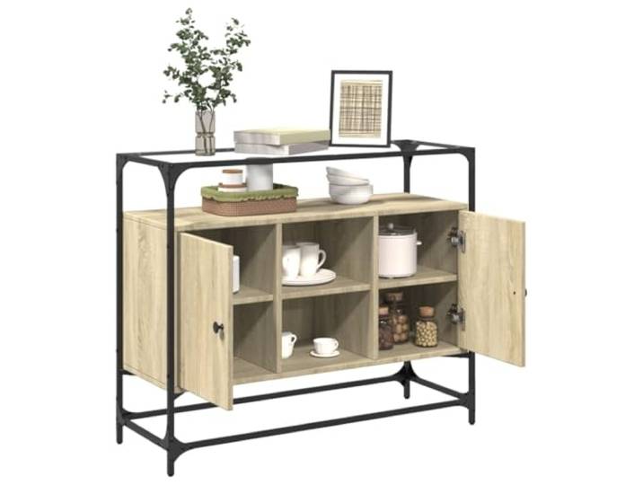 KTHLBRH Sideboard aus Glas, Sonoma-Eiche, 98 x 35 x 81 cm Mehrschichtiges Holz, Stahl und Glas, großer Stauraum, zwei Türen, Montage erforderlich