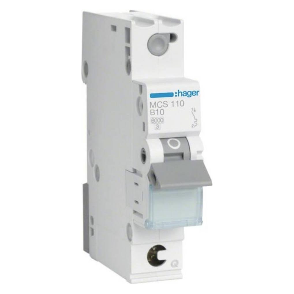 Hager MCS110. Nennstrom: 10 A. Typ: C-type, Module Menge (max): 1 Modul(e). Breite: 17,5 mm, Tiefe: 70 mm (MCS110)