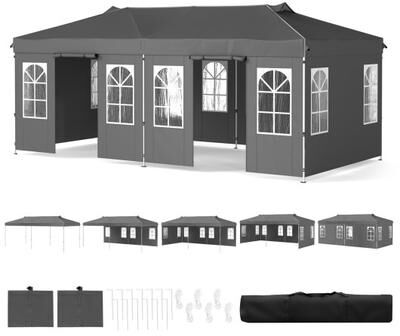 Costway 10 x 20 FT Pop Up Canopy Tent with 6 Sidewalls and Adjustable Height-Gray