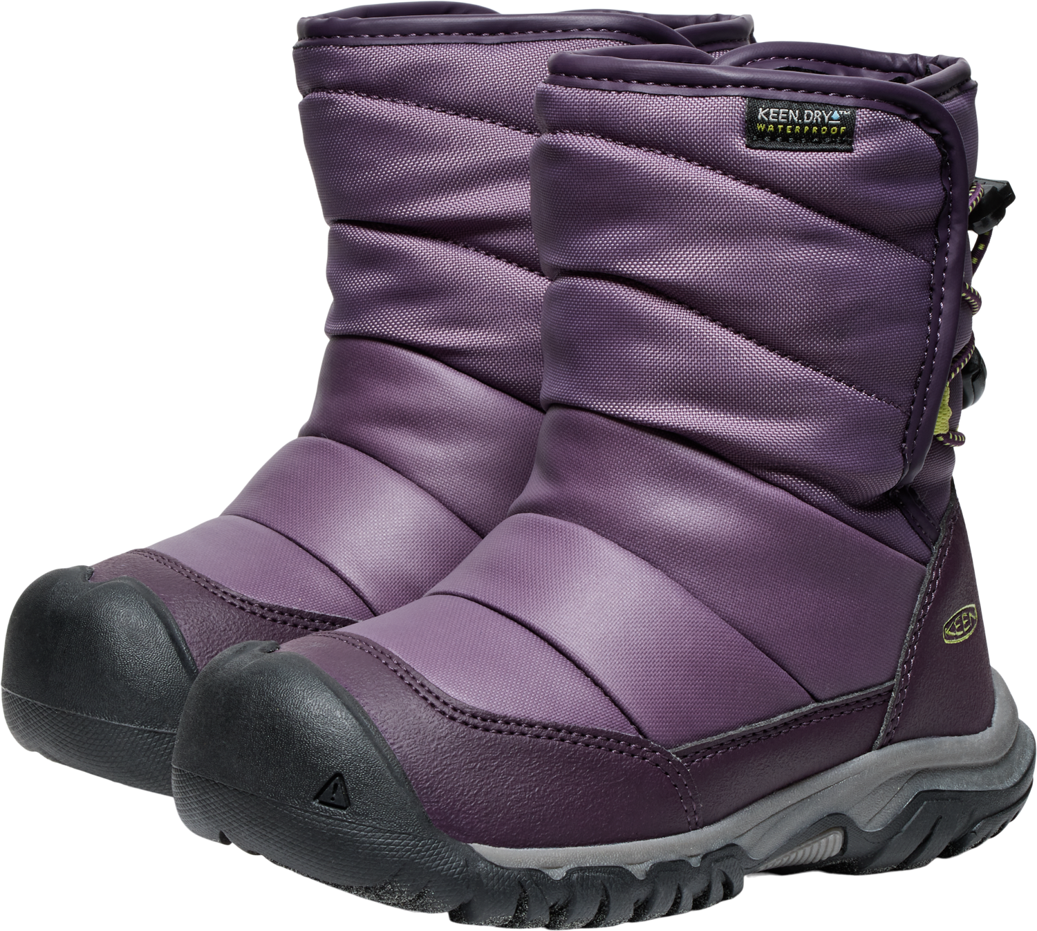 Winterboots KEEN "PUFFRIDER WP", Jungen, Gr. 27/28, Textil, grün (schwarz plum, daiquiri grün), Synthetik, Textil, Schuhe Winterboots, Winterschuhe, Winterstiefel, Snowboots, wasserdicht schwarz plum, daiquiri grün 27/28, Textil