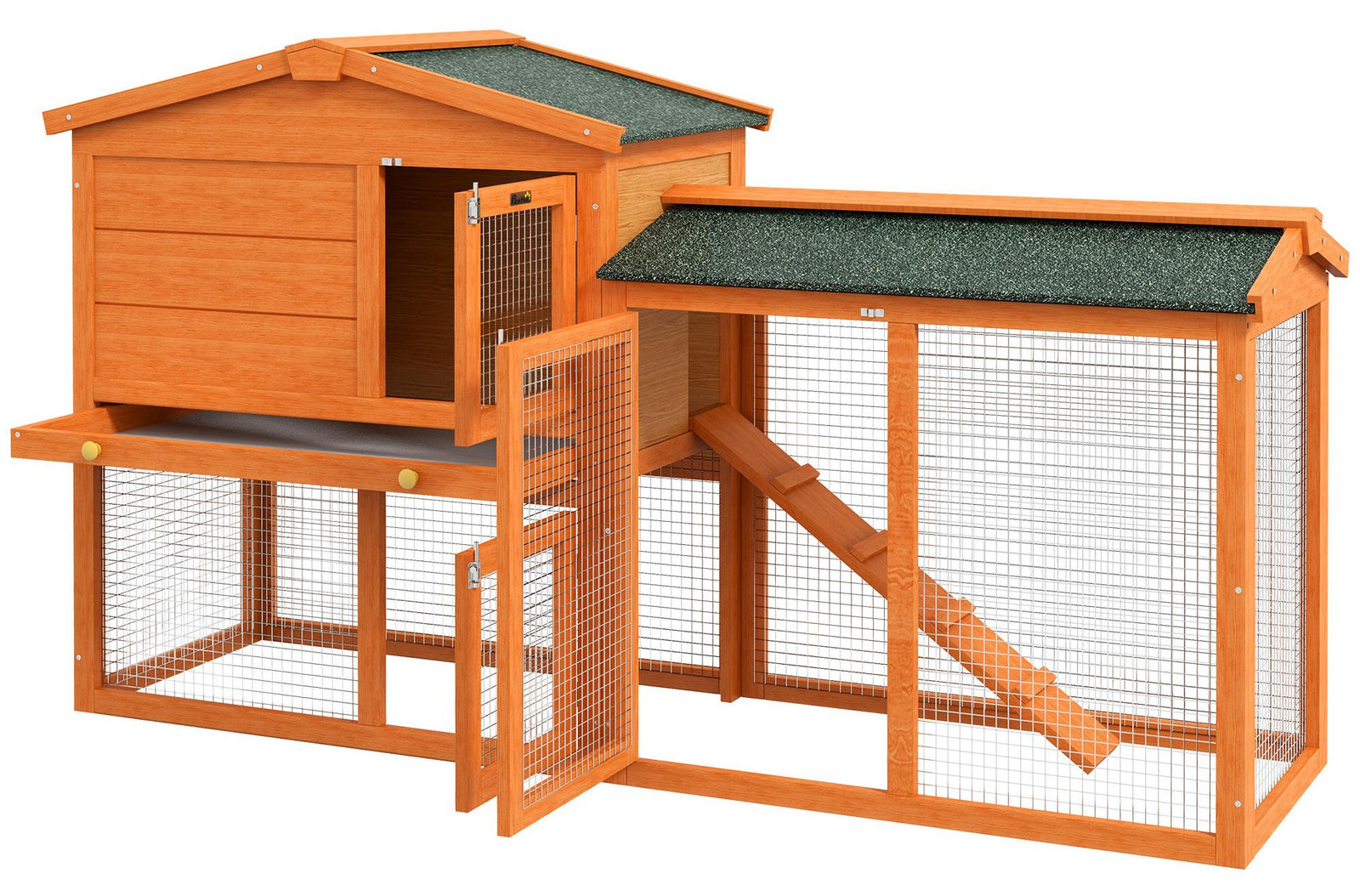 PawHut konijnenhok Hazenstall met 2 niveaus, dennenhout, winterbestendig, oranje