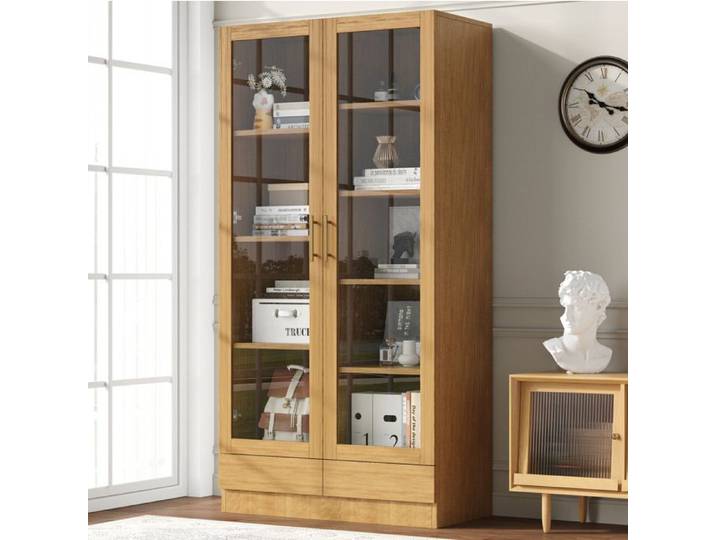 Vitrine meuble de rangement armoire vitrine à portes en verre étagères décalées et tiroirs push-to-open 80x40x160 cm ORVRYN