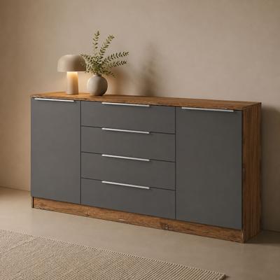 Kommode BORCHARDT MÖBEL "Oliva, Kommode mit Metallgriffen", grau (eichefarben vintage, graphit matt), B:166cm H:78cm T:35cm, Holzwerkstoff, Sideboards, Kommode, mit 4 Schubkästen