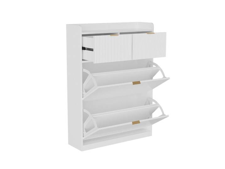 EuroLiving Schuhschrank, 2 Schubladen, 2 Klappen, modern, multifunktional, Holz & Metall, weiß, Weiß, 80x110x24 cm, Garderobe, Schuhaufbewahrung, Schuhschränke