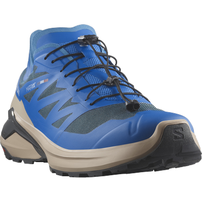 Laufschuh SALOMON "XA META MADE IN FRANCE", Herren, Gr. 44,5, blau (french blau, oxford tan, asphalt), Synthetik, Textil, Schuhe Laufschuh, All-Terrain Allround-Schuh mit geländegängiger Stabilität