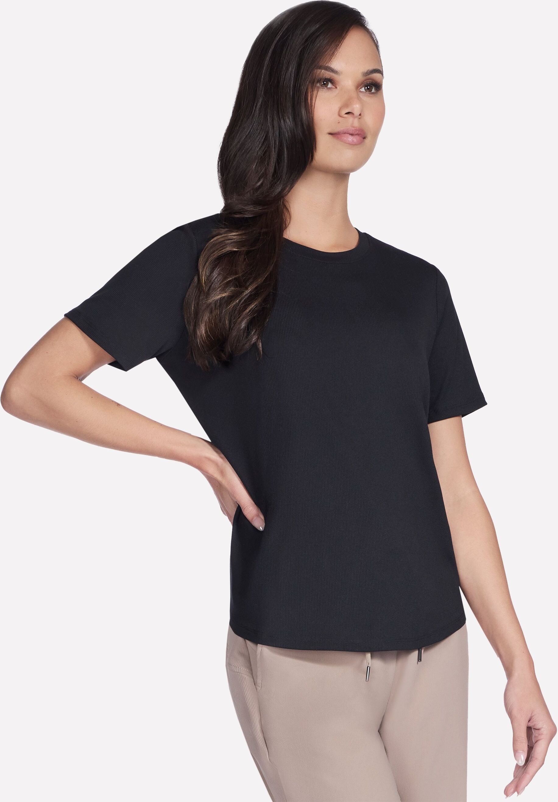 Skechers "GOWALK LUXE RIB TEE" strukturiertes Kurzarm-T-Shirt, mit Rundhalsausschnitt schwarz XS