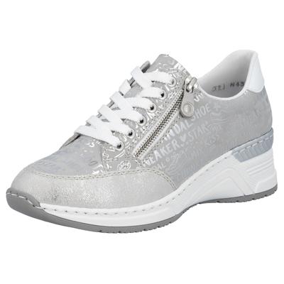 Sneaker RIEKER, Damen, Gr. 40, Textil, silber (silberfarben, metallic), Lederimitat, metallic, Schuhe Sneaker, mit Lettern bedruckt, Freizeitschuh, Halbschuh, Schnürschuh
