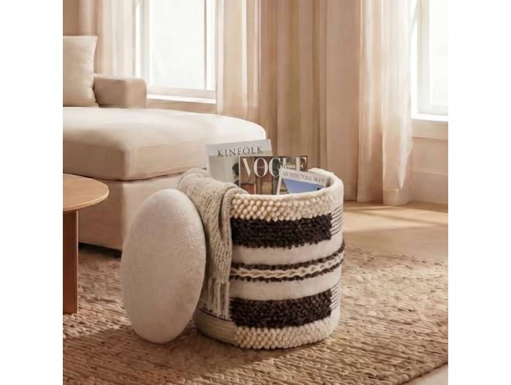 möbelando freiraum Sitzhocker mit Stauraum, Polsterhocker aus 100% Wolle, rund Ø 40 x 45 cm, Boho Strickoptik Beige
