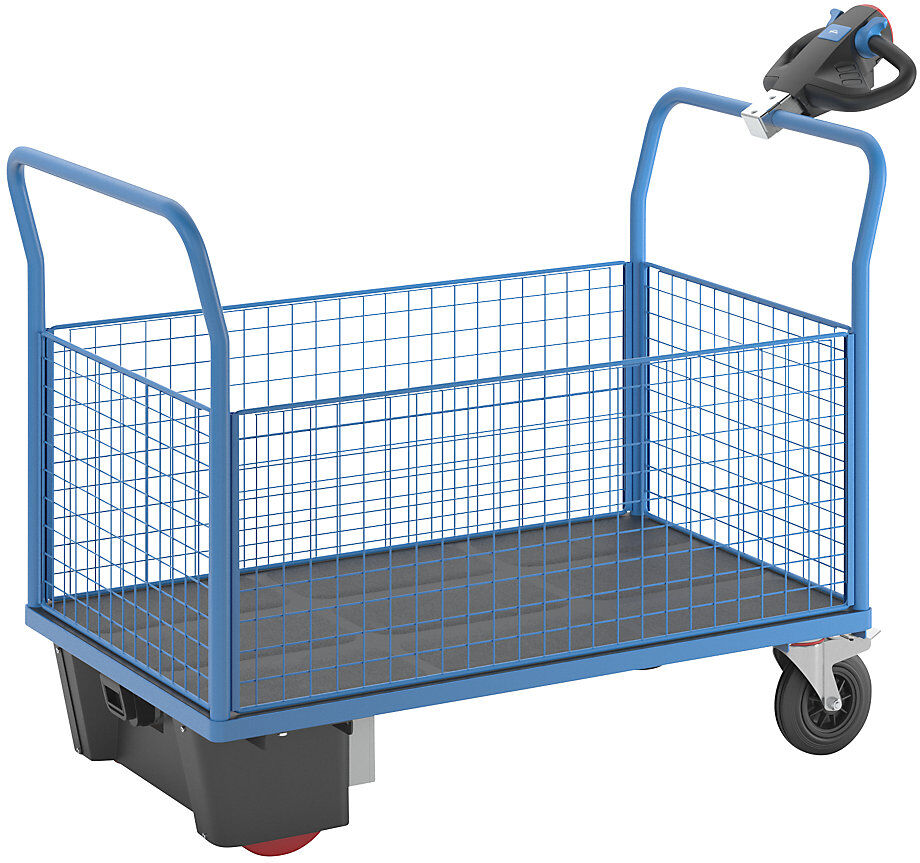 Plattformwagen mit Elektroantrieb, 4 hohe Gitter-Wände, LxBxH 1620 x 800 x 1300 mm eurokraft pro
