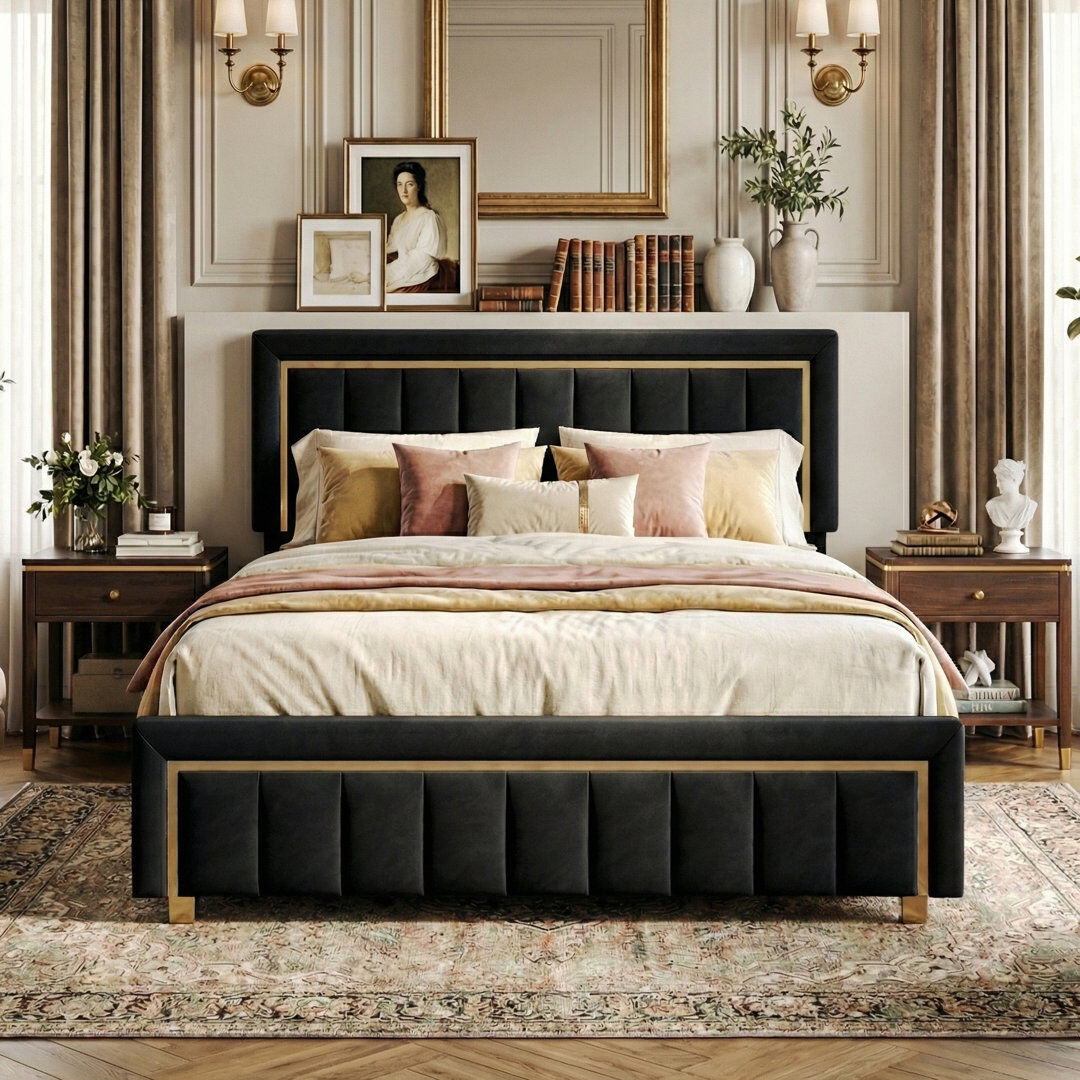 Ivy Bronx UK & EU Velvet Ottoman Bed with Fluted Gold-Trim Headboard, Luxury Gas-Lift Storage Bed, Beige/Black Black Double (4'6)