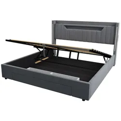 OKWISH LED-Doppelbett Polsterbett Dunkelgrau mit Stauraum und Schublade, Liegefläche 160 x 200 cm