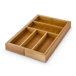 Relaxdays Besteckkasten verstellbar, HxBxT: 5x48x46cm, Schubladeneinsatz aus Bambus, 5-7 Fächer, Küchenorganizer, natur