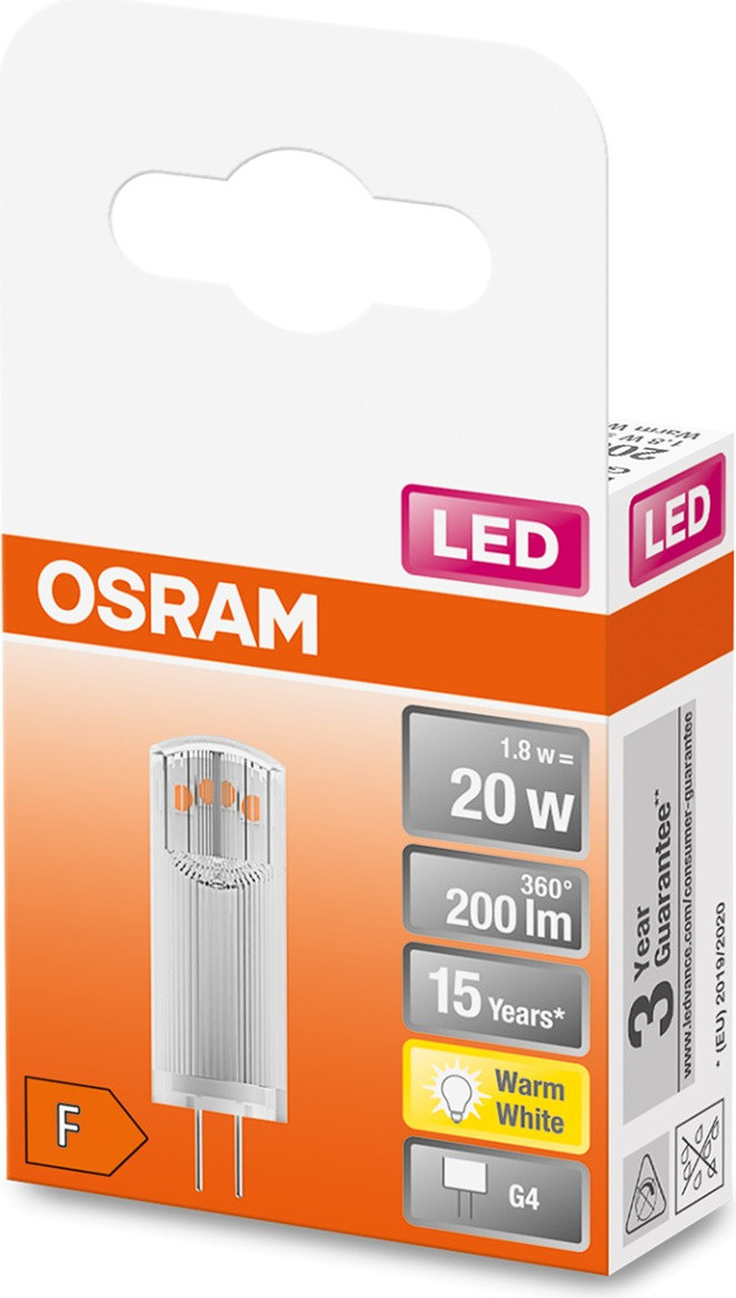 Osram LED-lamp G4 capsule, 1,8W, 12V, 200lm, 2.700K, meerkleurig, transparant