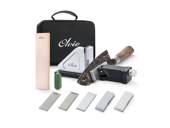Oleio Messerschärfer Rollschleifer-Set stufenlos einstellbar 5 Schleifplatten + Abziehleder, Stufenlos einstellbarer Schleifwinkel