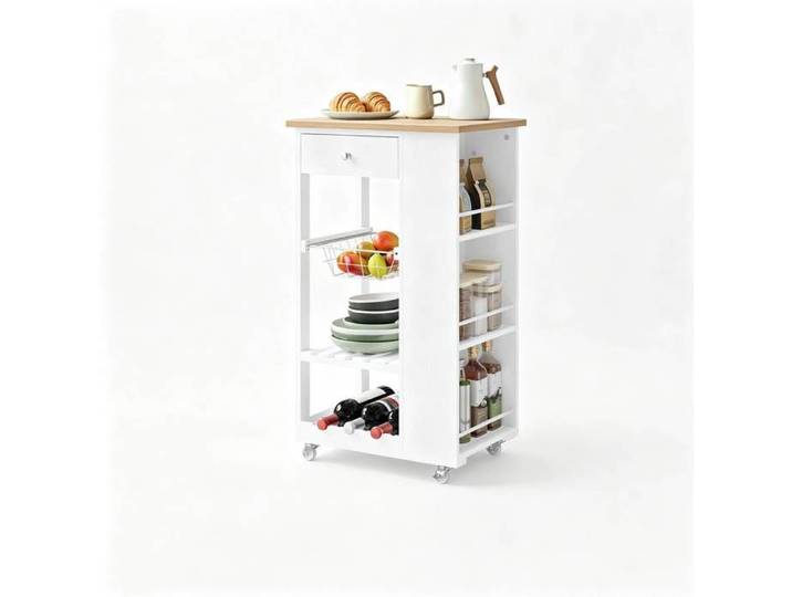ROVRYN Desserte de cuisine sur roulettes avec tiroir porte-bouteilles et plan de travail blanc aspect bambou