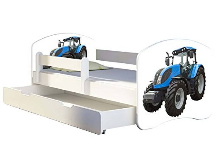 ACMA Kinderbett 180x80 Jugendbett mit Einer Schublade und Matratze, Rausfallschutz, Lattenrost Weiß, stabil, Kinderzimmer Bett, Jugendmöbel Design 42 Traktor