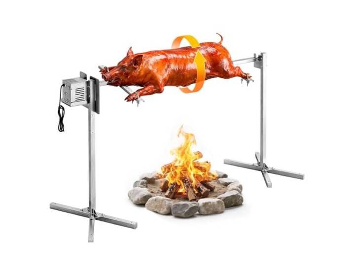 VEVOR Tourne Broche Électrique sur Pied\, Charge 40 kg\, 8 Niveaux de Hauteur Barbecue à Méchoui Agneau Porcelet Rôtisserie\, Moteur 38 W avec Broche 132 cm\, Kit Rôtissoire Barbecue Universel en Inox