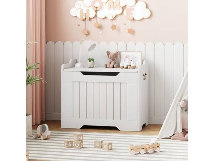 IDEALHOUSE Spielzeugtruhe Für Kinder Mit Sicherheitsklappe 100 cm Aufbewahrungsbank im Landhausstil für Flur, Wohnzimmer & Kinderzimmer (Greige, Weiß, Rustikalbraun)