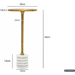 FineBuy, Couchtisch + Beistelltisch, Beistelltisch 30cm Metall Couchtisch Alu Getränketisch Marmor Weiss Handgefertigt