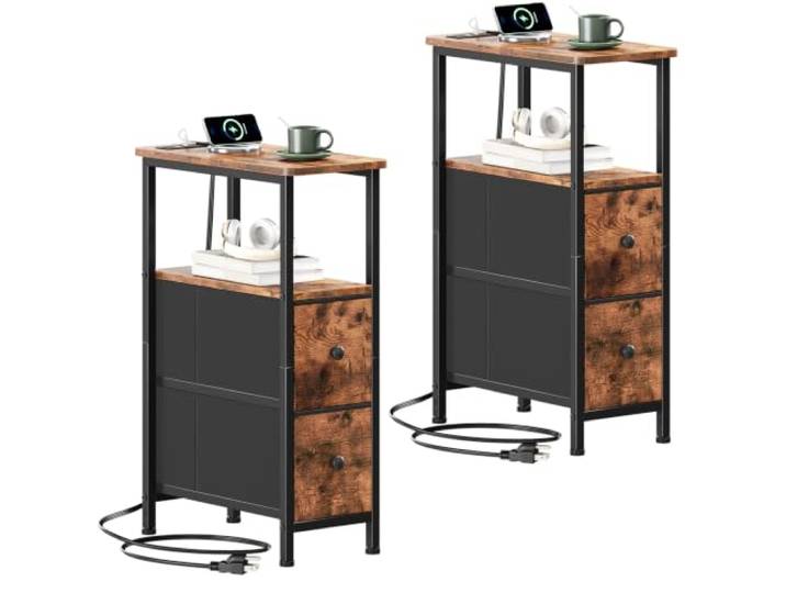 Somdot Schmaler Beistelltisch 2er Set, Ladestation, Beistelltisch, 2 Schubladen
